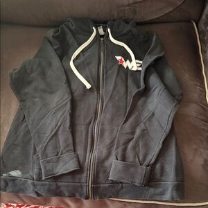 Black Full-Zip Hoodie with White Drawstrings and Star Accent